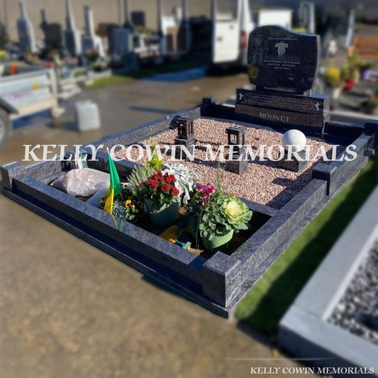 Front view of Blue Lagoon C1 double plot headstone with silver inscription in Springfield Cemetery