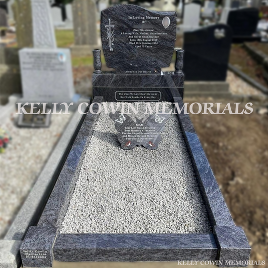 Blue Lagoon Granite C1 headstone with full kerbing, chippings, silver inscription, butterfly plaque and 9×12 photo in Lusk Cemetery by Kelly Cowin Memorials