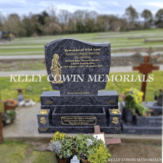 Blue Lagoon C1 Headstone with Flowerbox & Gold Leaf – Balgriffin Cemetery - Kelly Cowin Memorials