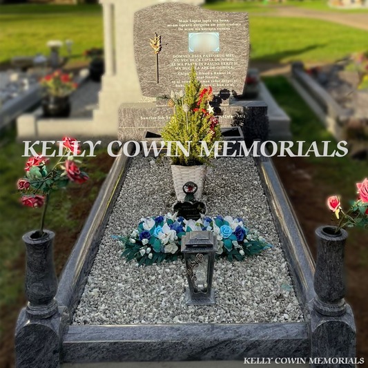 Front view of Blue Lagoon C1 headstone with silver inscription in Kenure Cemetery