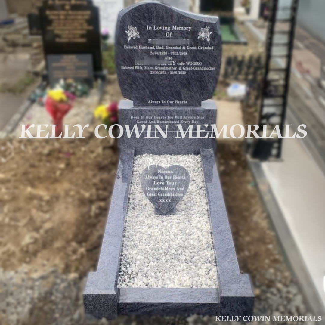 Front view of Blue Lagoon C1 headstone with silver inscription in Mount Jerome Cemetery Dublin