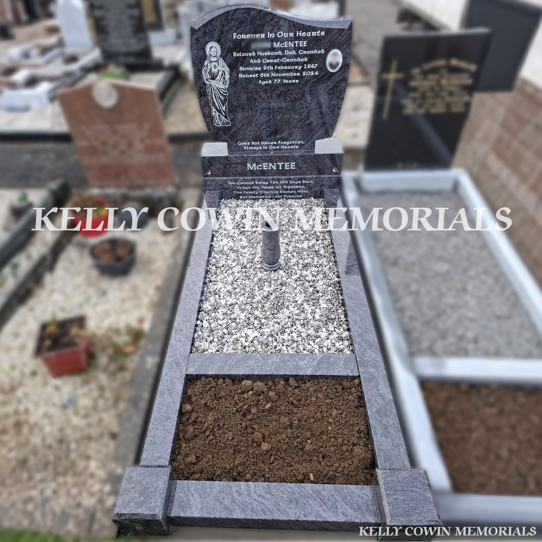 Front view of Blue Lagoon C1 headstone in Mulhuddart Cemetery Dublin