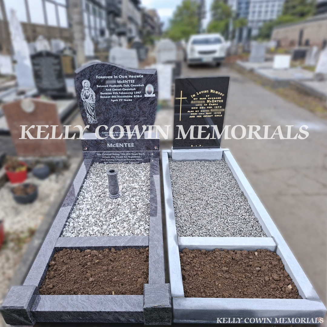 Front view of renovated double plot converted into two separate graves with Blue Lagoon C1 and restored black headstone in Mulhuddart Cemetery Dublin