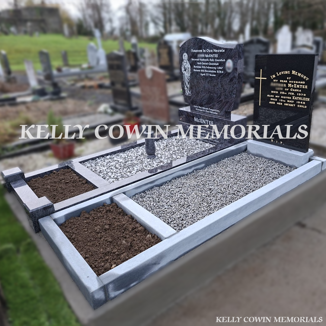 Side view of two separate grave plots with full kerbing, chippings, garden bars and headstones in Mulhuddart Cemetery Dublin