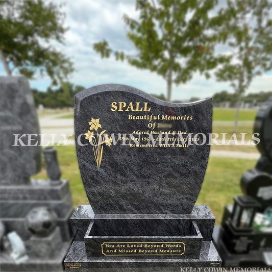 Blue Lagoon Granite C1 headstone, gold leaf inscription  installed in Balgriffin Cemetery by Kelly Cowin Memorials