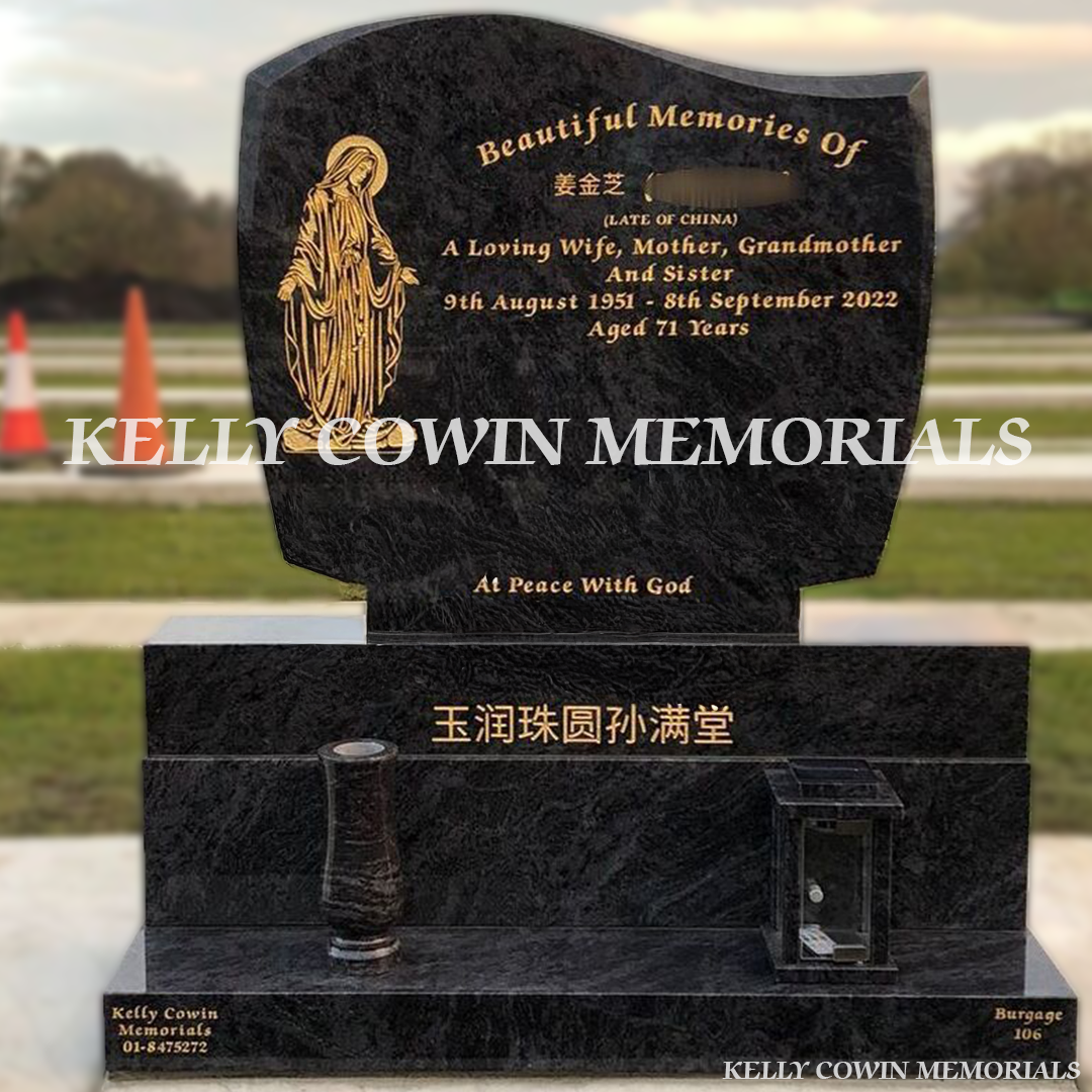 Front view of Blue Lagoon C1 headstone with granite vase and solar lantern erected in Balgriffin Cemetery Dublin by Kelly Cowin Memorials