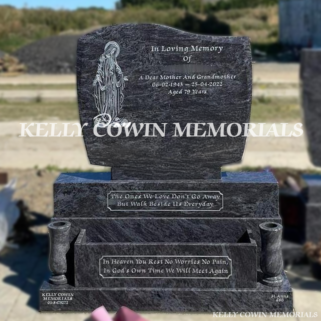 Front view of Blue Lagoon C1 headstone with flower box erected in Dublin by Kelly Cowin Memorials