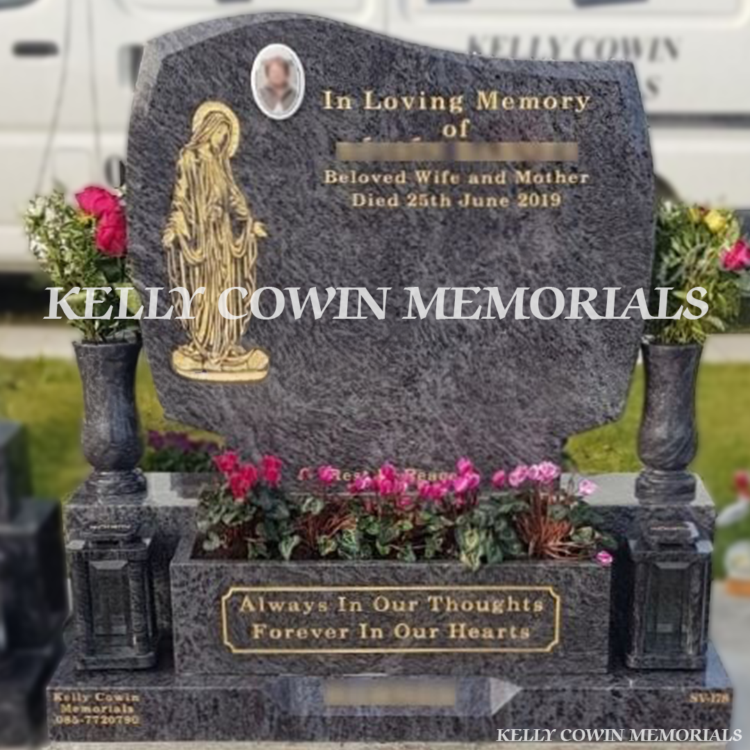 Front view of Blue Lagoon C1 headstone with gold inscription in Balgriffin Cemetery Dublin