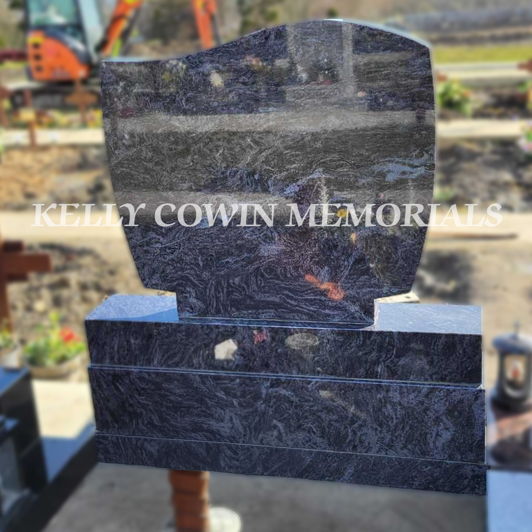 Side view of Blue Lagoon granite C1 headstone in Balgriffin Cemetery Dublin