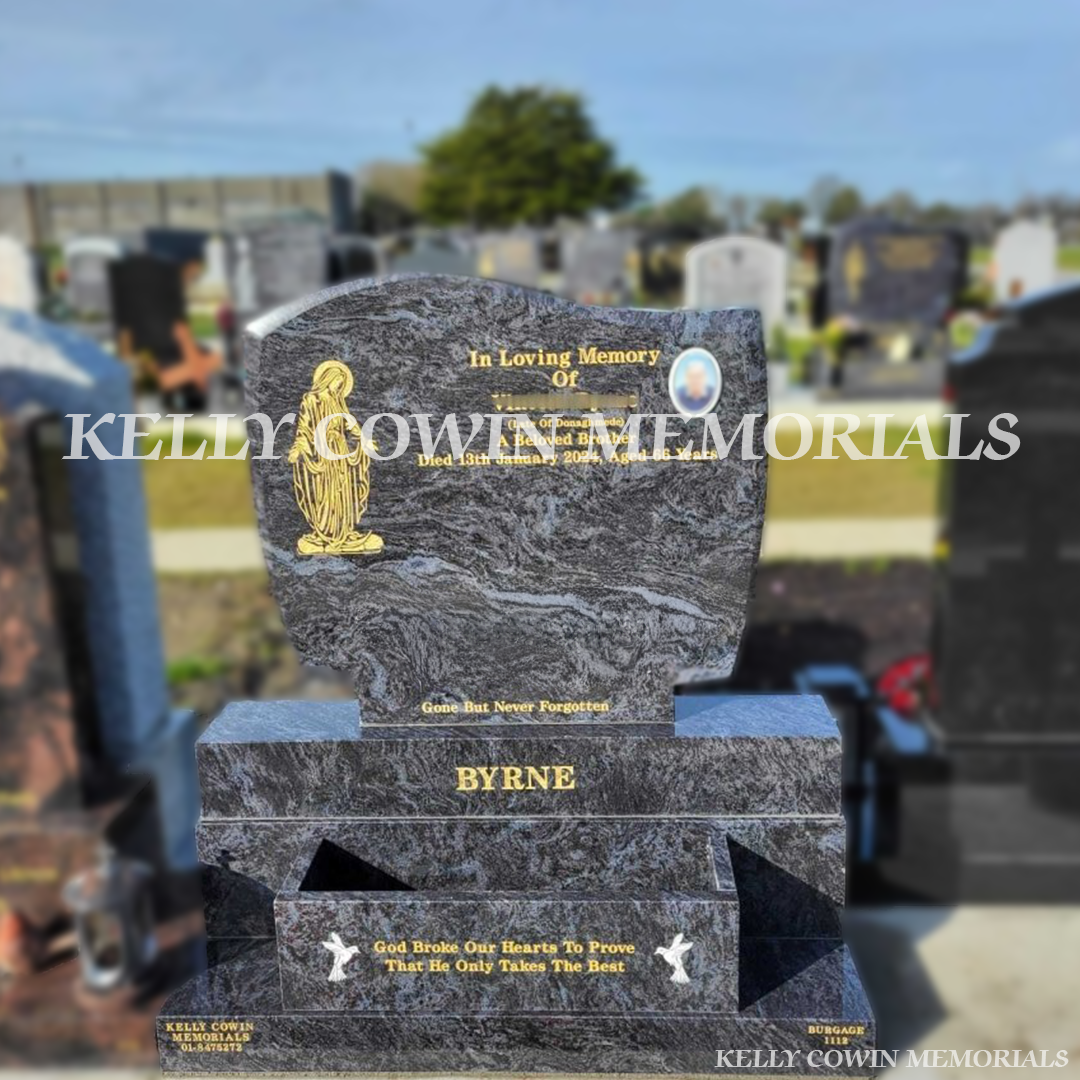 Blue Lagoon granite C1 headstone erected in Balgriffin Cemetery Dublin by Kelly Cowin Memorials