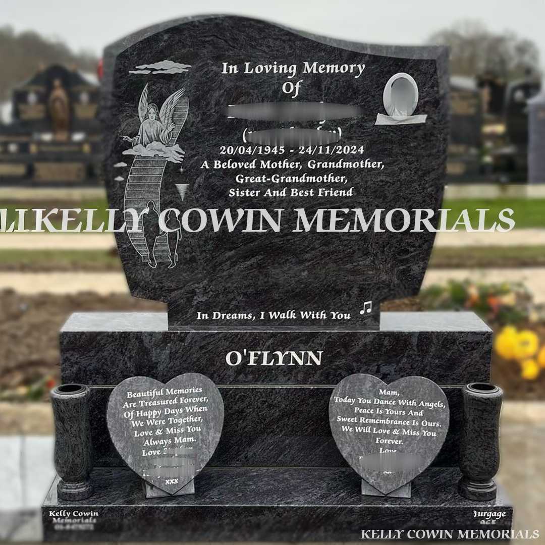 Front view of Blue Lagoon C1 headstone with white inscription, laser image and oval ceramic photograph in Balgriffin Cemetery Dublin