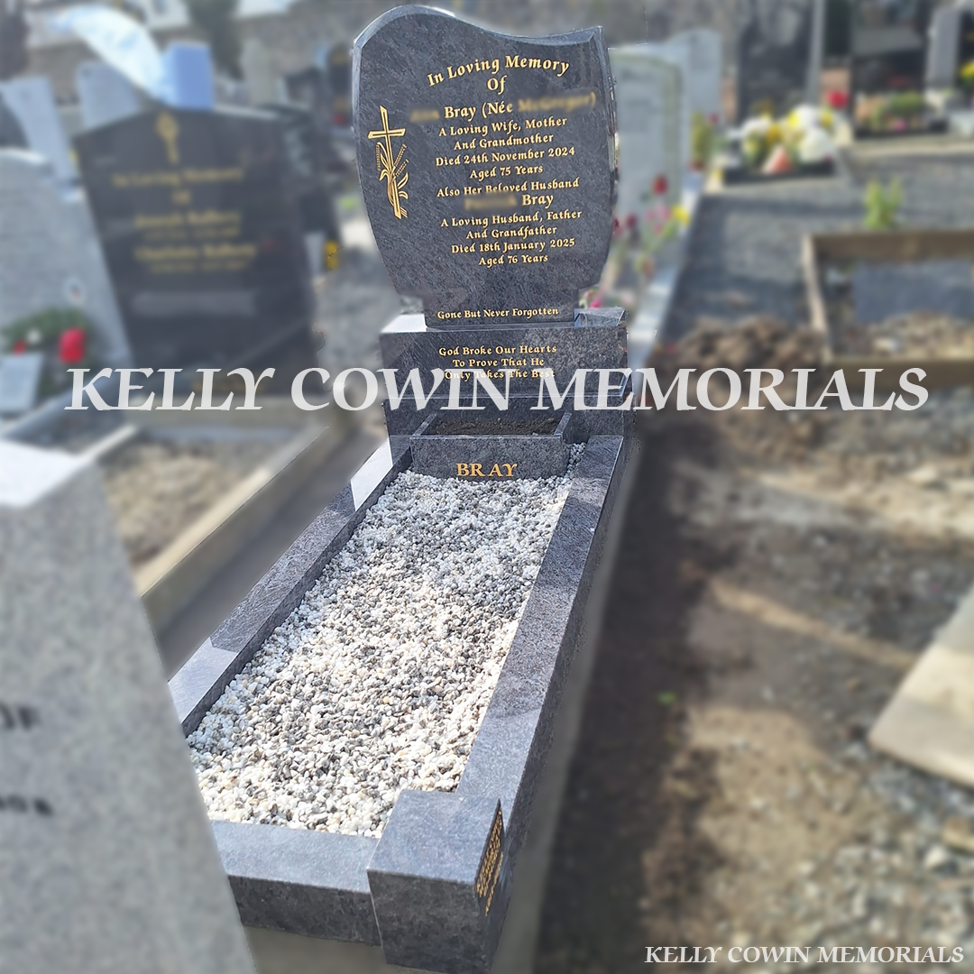 Front view of Blue Lagoon C1 headstone with gold inscription in Mount Jerome Cemetery