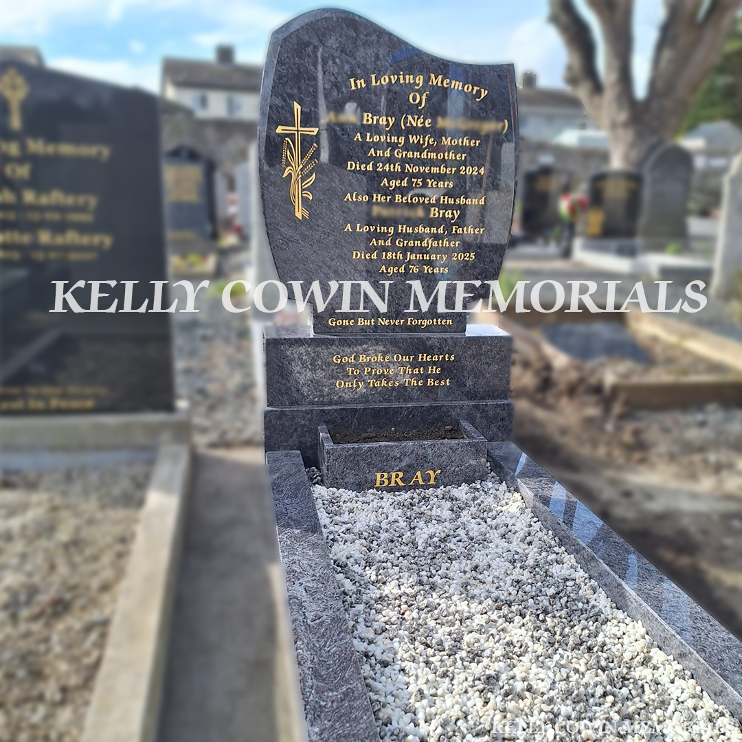 Front view of Blue Lagoon C1 headstone with gold inscription in Mount Jerome Cemetery