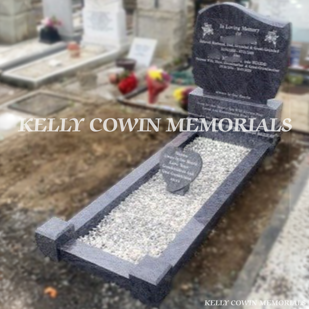 Side view showing Blue Lagoon kerbing, corner posts and mixed chippings in Mount Jerome Cemetery Dublin