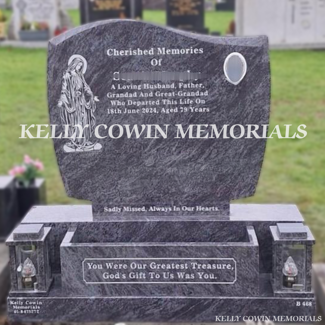 Front view of Blue Lagoon granite C1 headstone with silver inscription in Springfield Cemetery