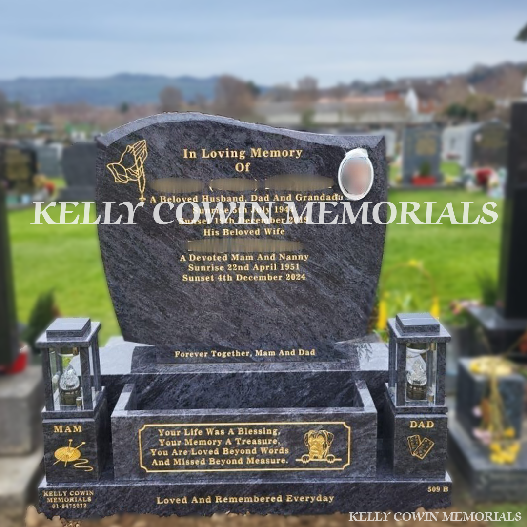 Front view of Blue Lagoon C1 headstone with gold inscription in Springfield Cemetery