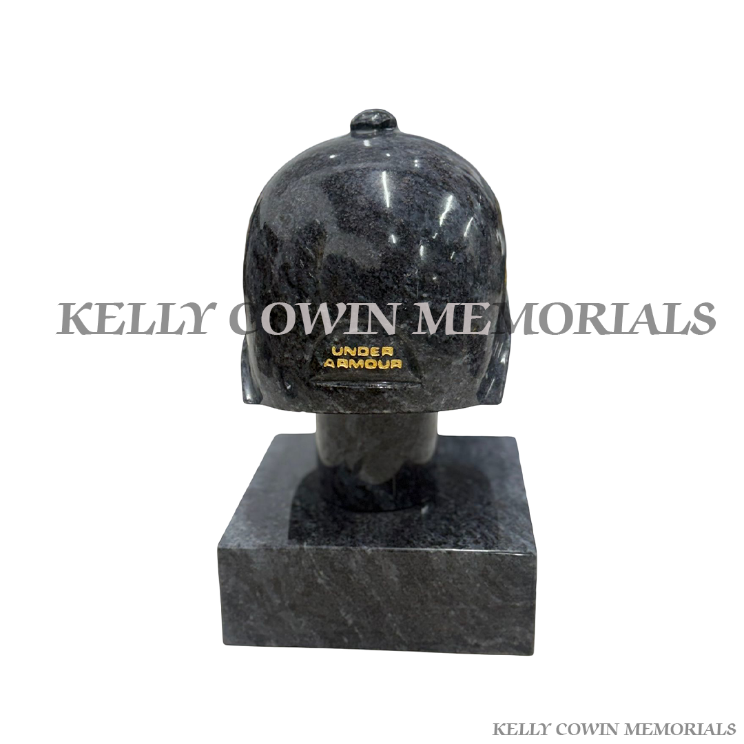 Blue Lagoon granite cap and sunglasses grave accessory with custom engraving for memorials in Dublin and nationwide Ireland