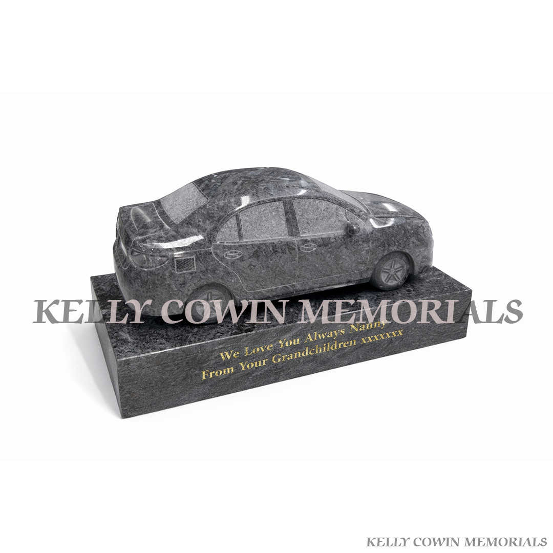 Custom blue lagoon granite car memorial made to match a loved one’s car, handcrafted in Ireland, available locally and nationwide
