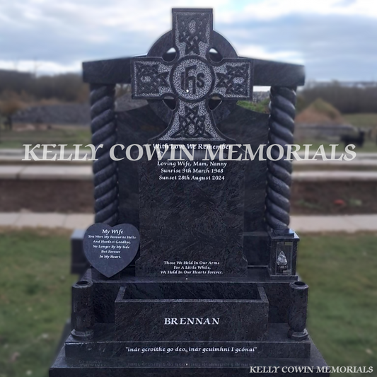Blue Lagoon granite Celtic Cross headstone erected in Balgriffin Cemetery Dublin by Kelly Cowin Memorials