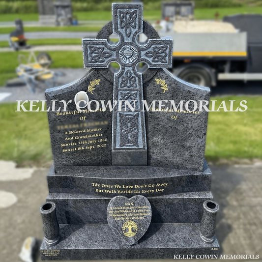 Front view of Blue Lagoon Celtic Cross headstone with gold inscription and oval ceramic photograph in Dardistown Cemetery Dublin