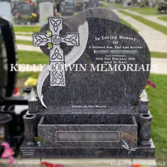Front view of Blue Lagoon Celtic Cross headstone with silver inscription and flower box in Dardistown Cemetery Dublin