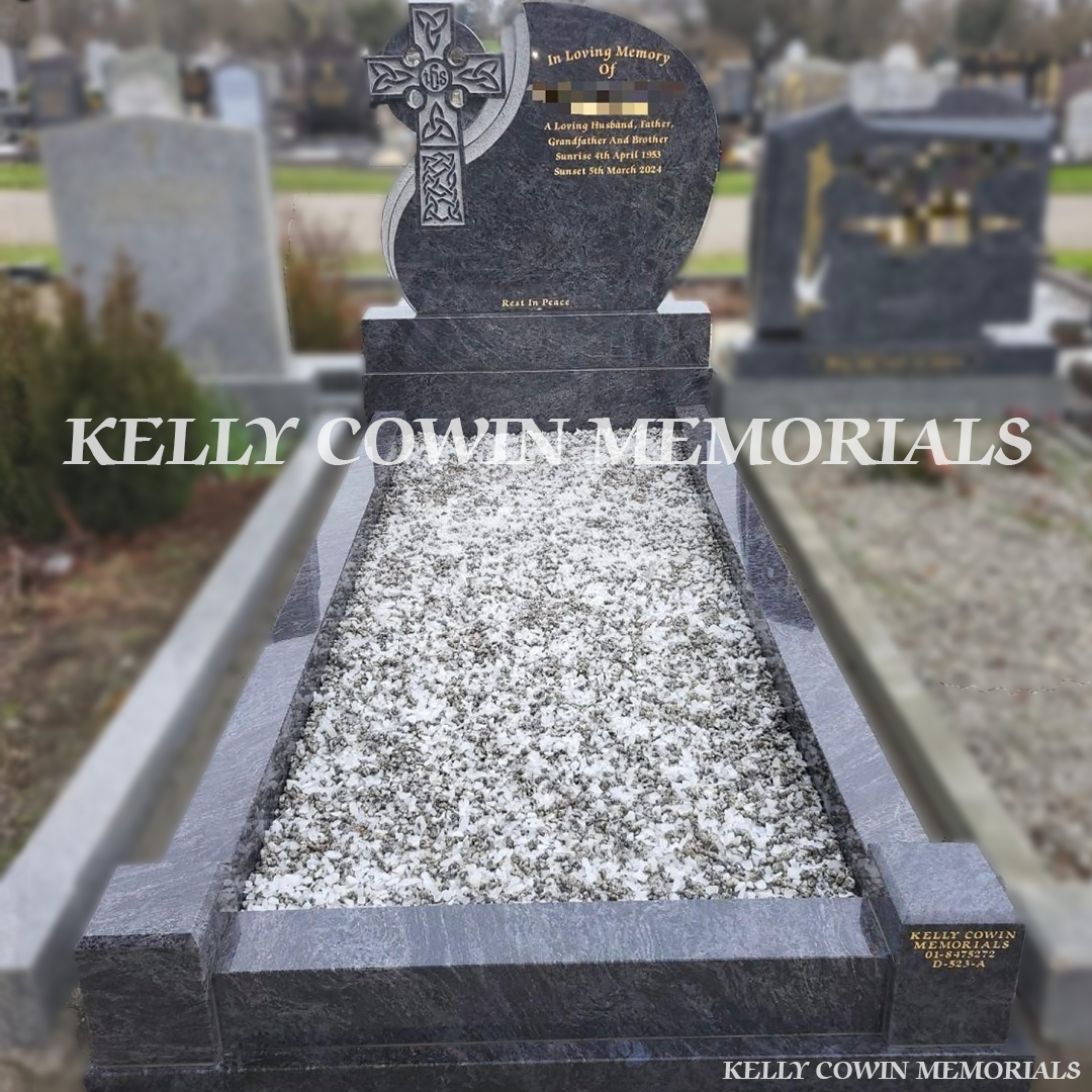 Front view of Blue Lagoon Celtic Cross headstone with gold inscription and full kerbing in Fingal Cemetery Dublin