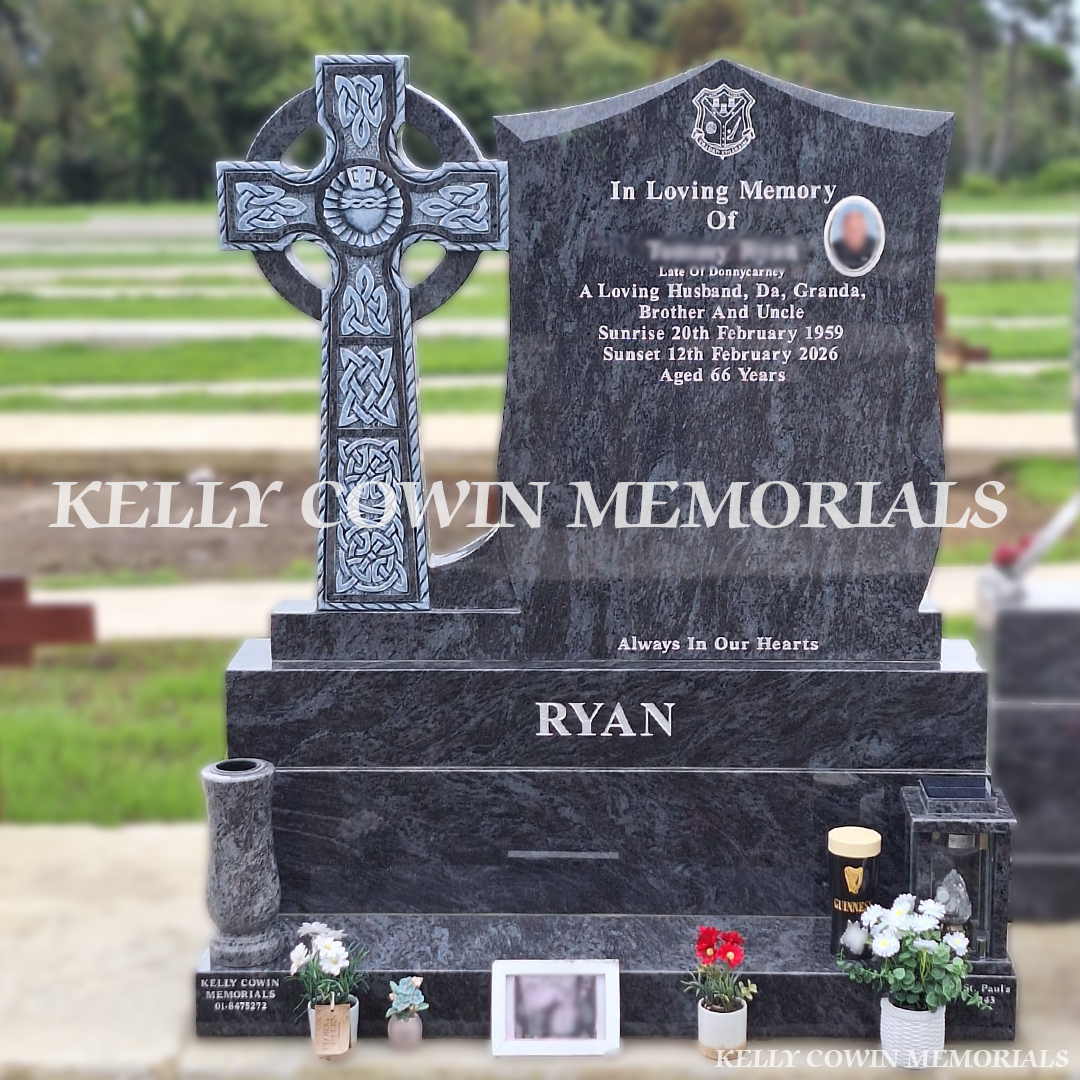 Blue Lagoon granite Celtic Cross headstone in Balgriffin Cemetery Dublin with silver inscription, engraved crest, ceramic photo, vase and solar lantern.