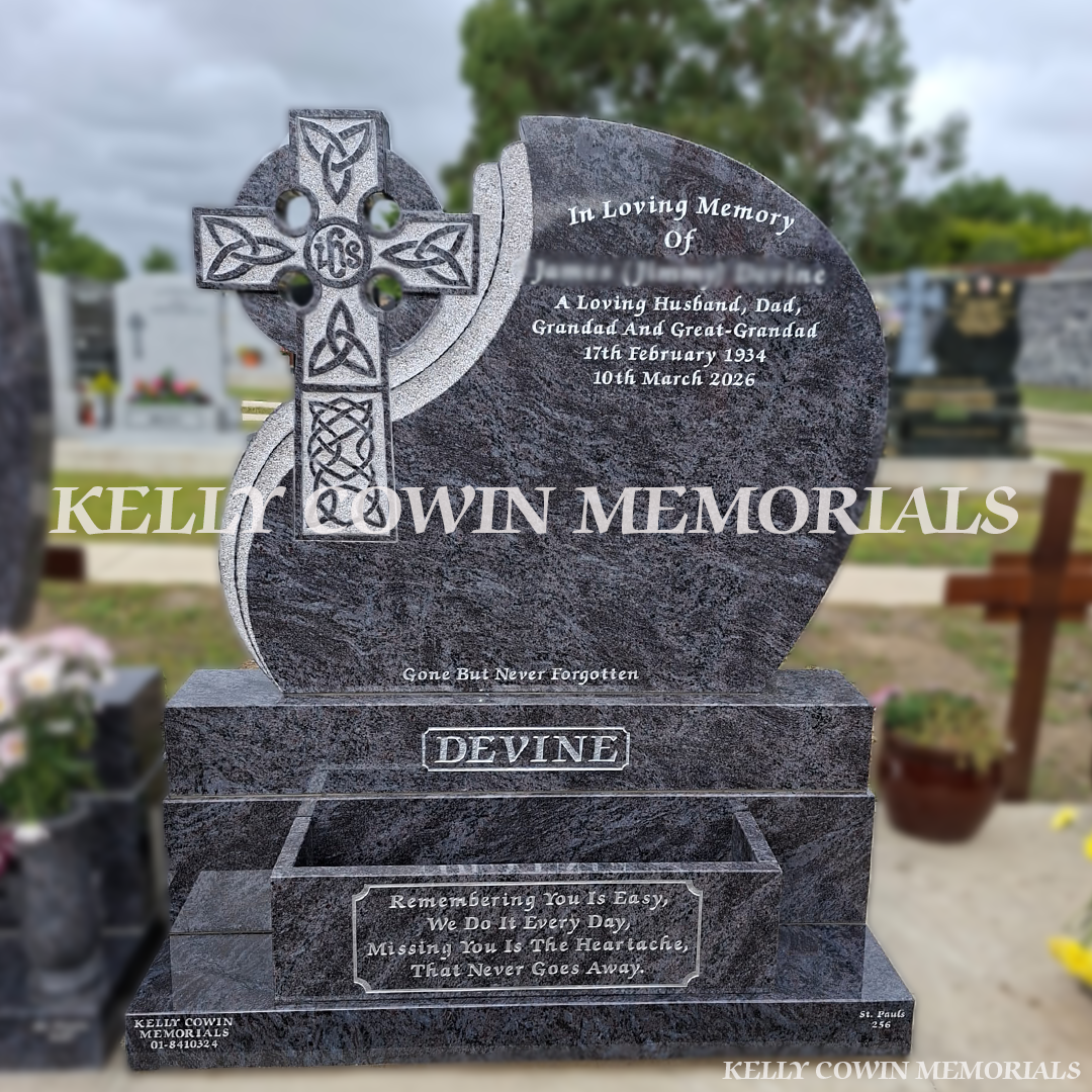 Blue Lagoon Celtic design granite headstone with carved Celtic cross, flower box, sub base, base and plinth in Balgriffin Cemetery Dublin