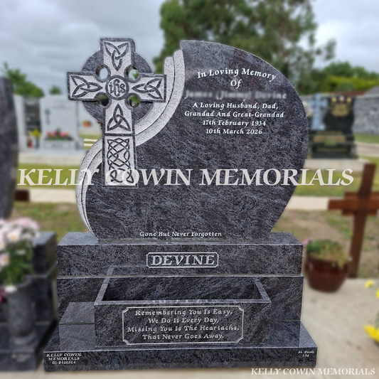Blue Lagoon Celtic design granite headstone with carved Celtic cross, flower box, sub base, base and plinth in Balgriffin Cemetery Dublin