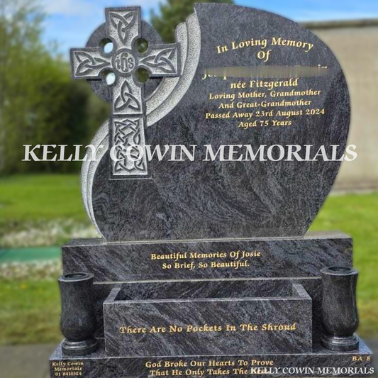 Front view of Blue Lagoon Celtic Cross headstone with gold inscription and granite vases in Dardistown Cemetery Dublin