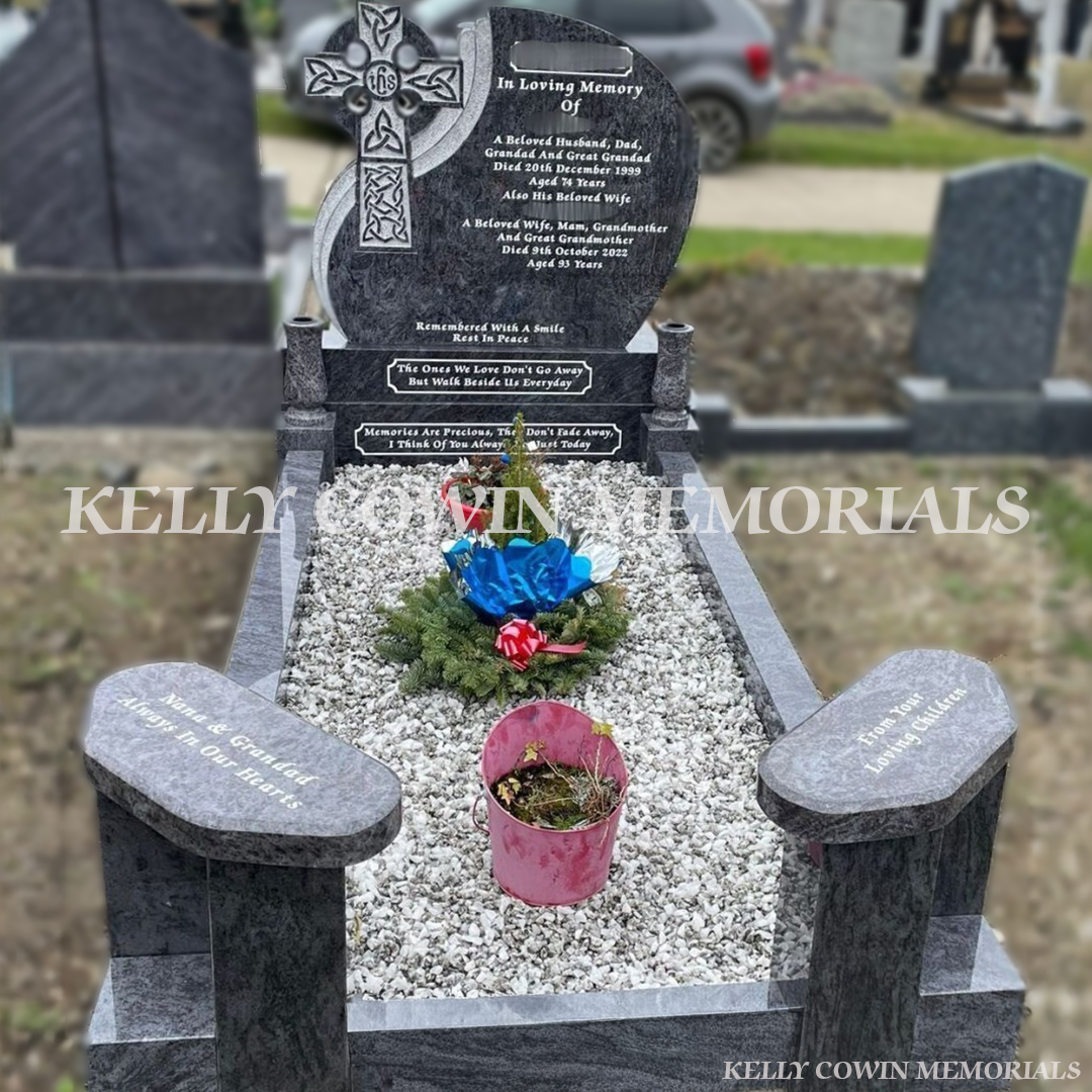 Blue Lagoon granite Celtic Cross headstone with kerbing erected in Fingal Cemetery Dublin by Kelly Cowin Memorials