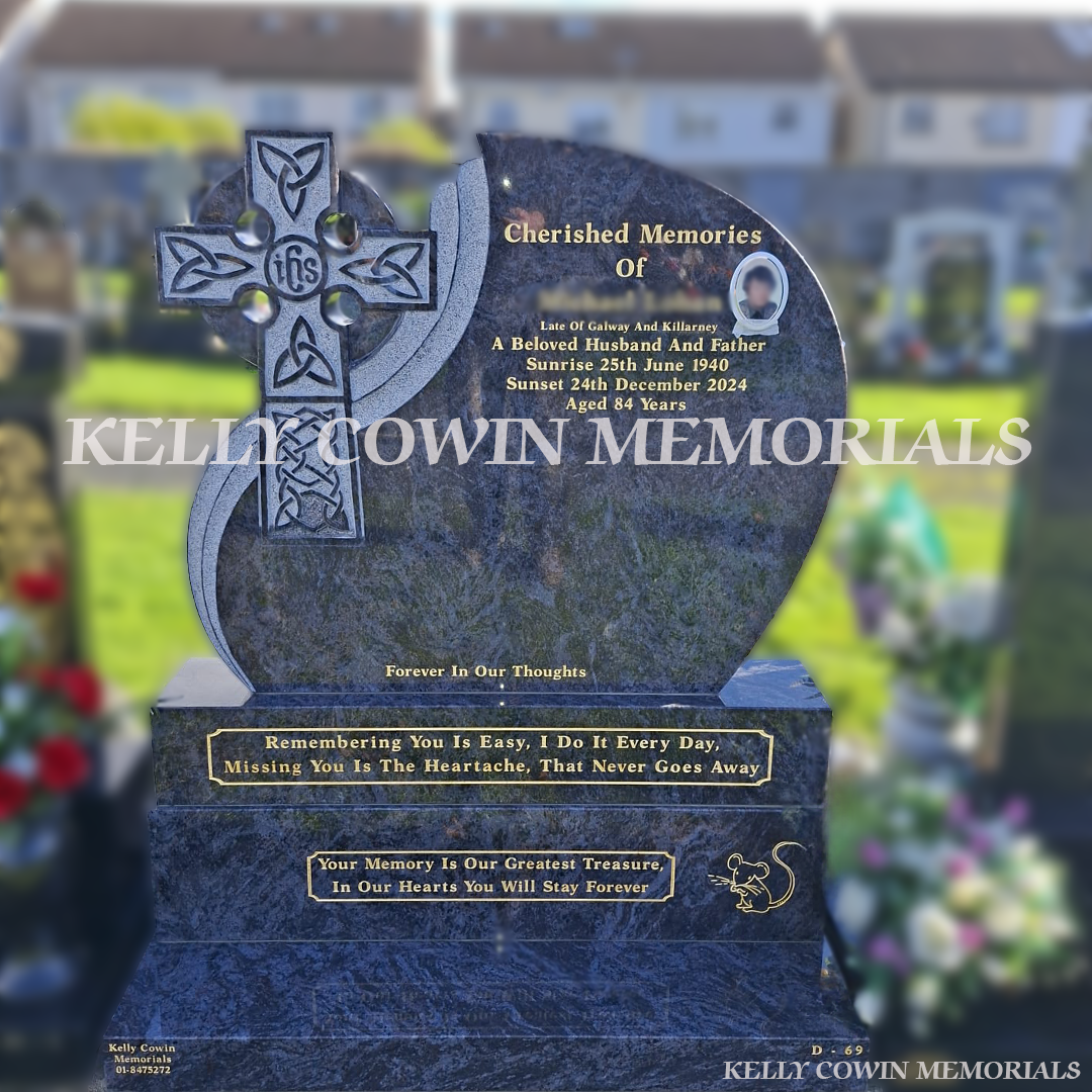 Blue Lagoon Granite Celtic cross headstone with gold leaf inscription and oval photo installed in Palmerstown Cemetery by Kelly Cowin Memorials