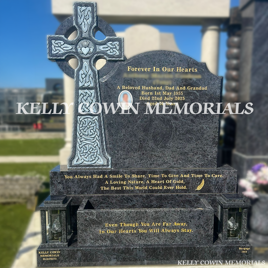 Front view of Blue Lagoon Celtic Cross headstone with gold inscription in Balgriffin Cemetery