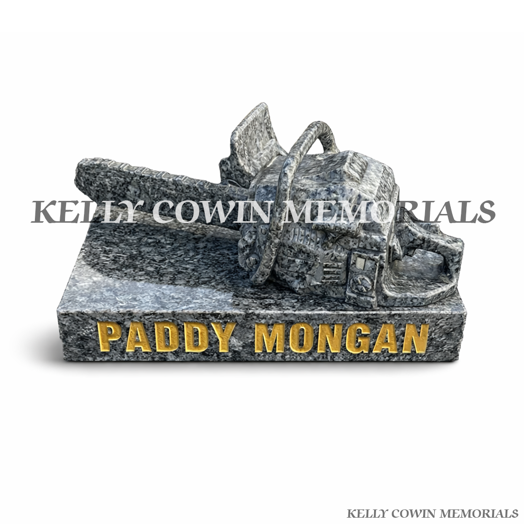 Front view of Blue Lagoon granite chainsaw memorial accessory on plinth