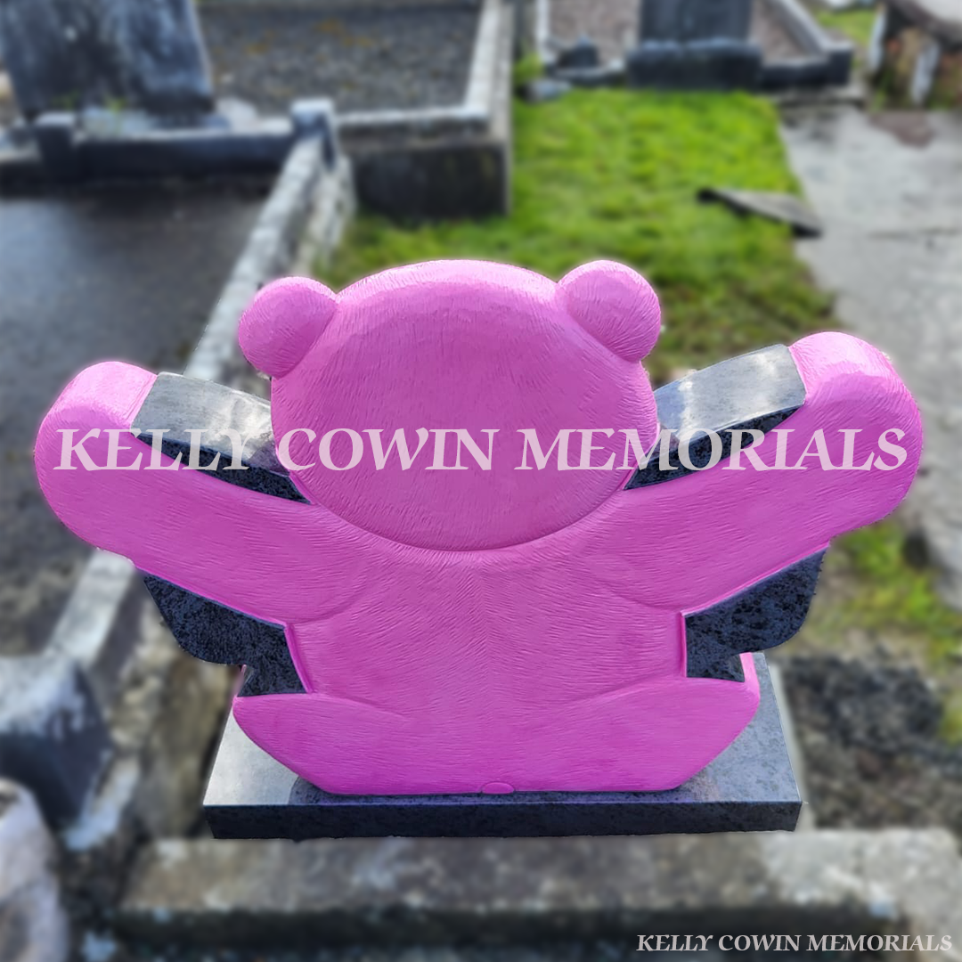 “Rear view of bespoke children’s teddy bear headstone installed by Kelly Cowin Memorials in Kilmihil Cemetery”