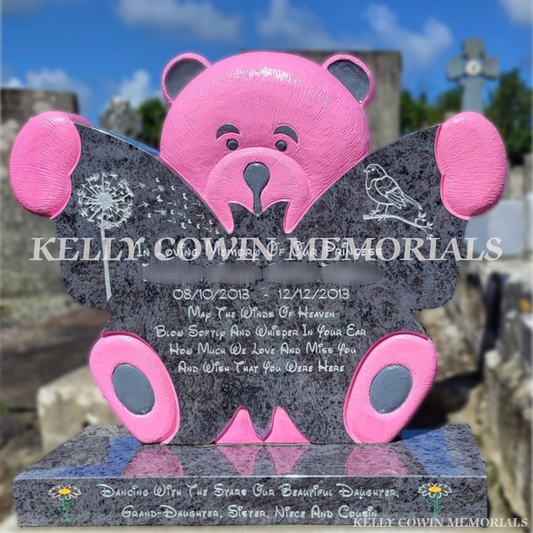 “Blue Lagoon teddy bear child headstone on granite plinth installed in Kilmihil Cemetery County Clare by Kelly Cowin Memorials”