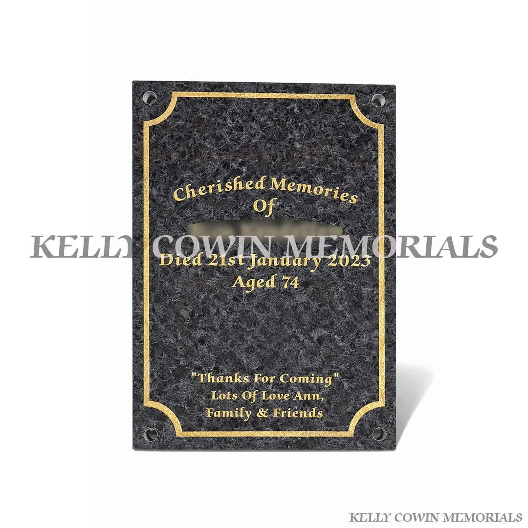 Blue Lagoon cremation granite memorial plaque with polished finish and personalised engraving in Ireland