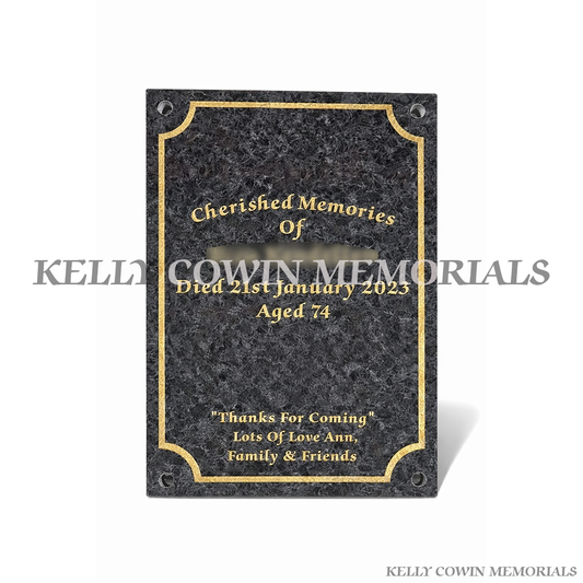 Blue Lagoon cremation granite memorial plaque with polished finish and personalised engraving in Ireland