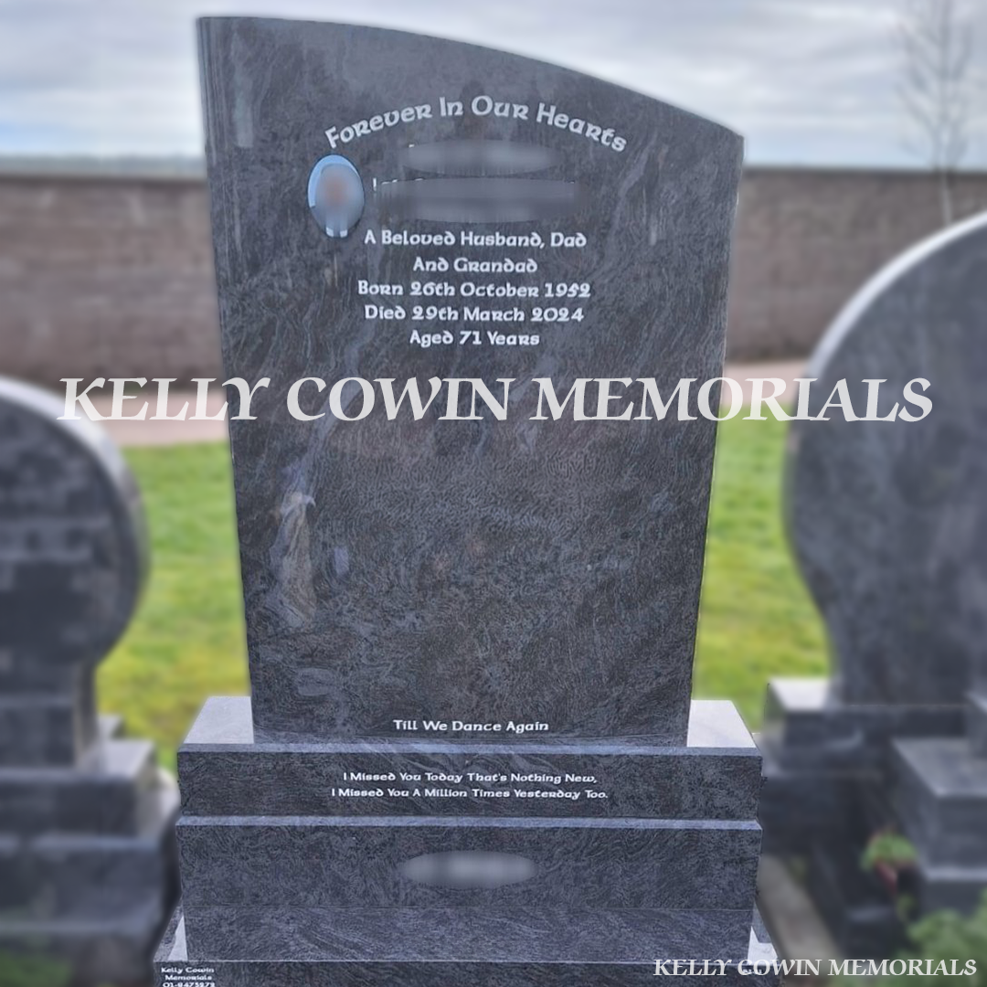 Front view of custom Blue Lagoon boulder headstone with silver inscription in Cork Ireland
