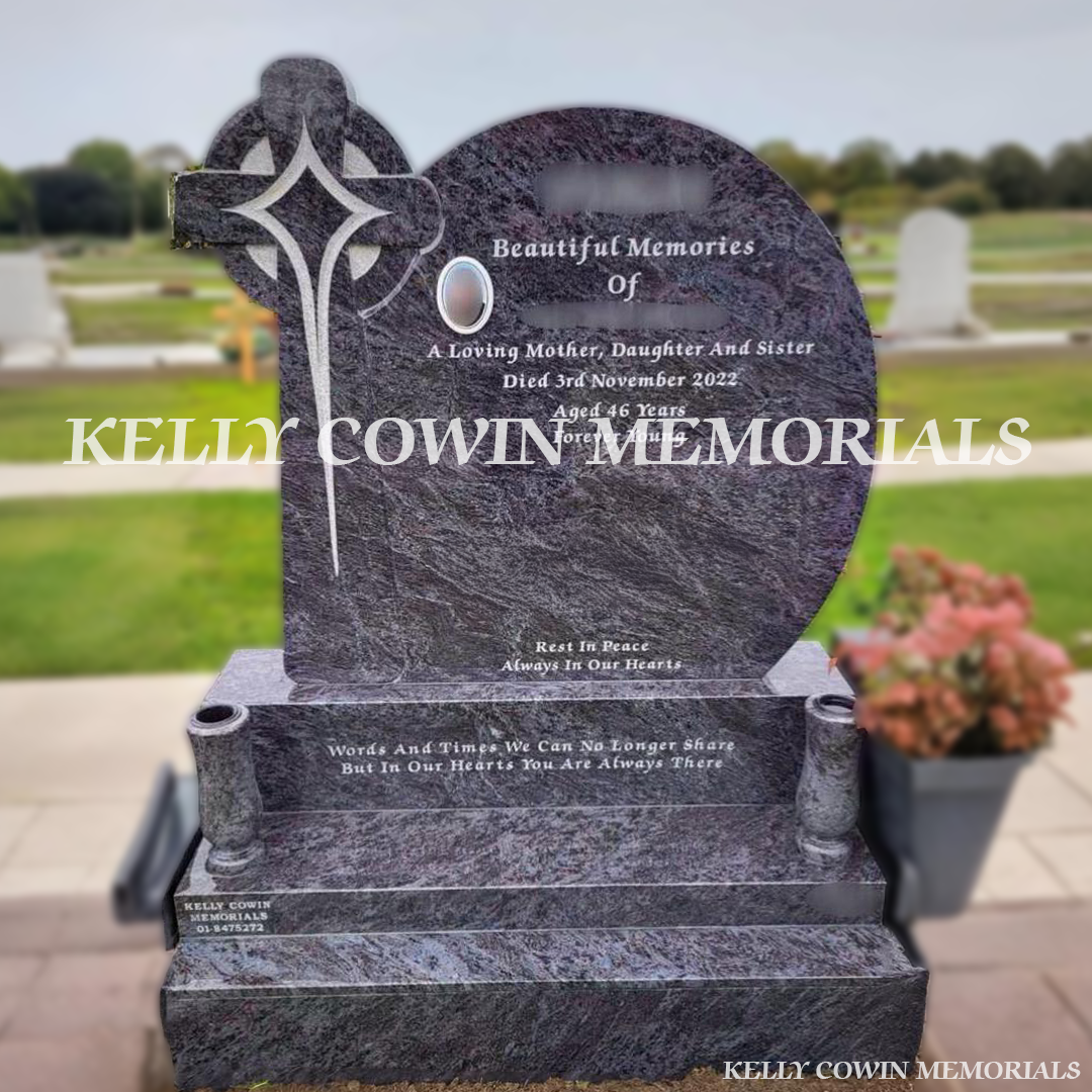 Front view of custom Blue Lagoon cross detail headstone on sub-base, base and plinth in Balgriffin Cemetery Dublin