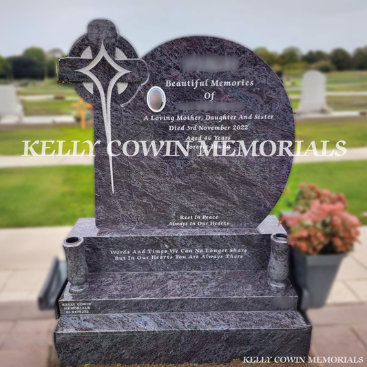 Front view of custom Blue Lagoon cross detail headstone on sub-base, base and plinth in Balgriffin Cemetery Dublin