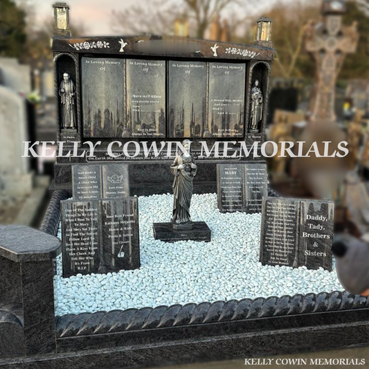 Front view of custom Blue Lagoon double book headstone with silver inscription and cap in Fingal Cemetery Dublin