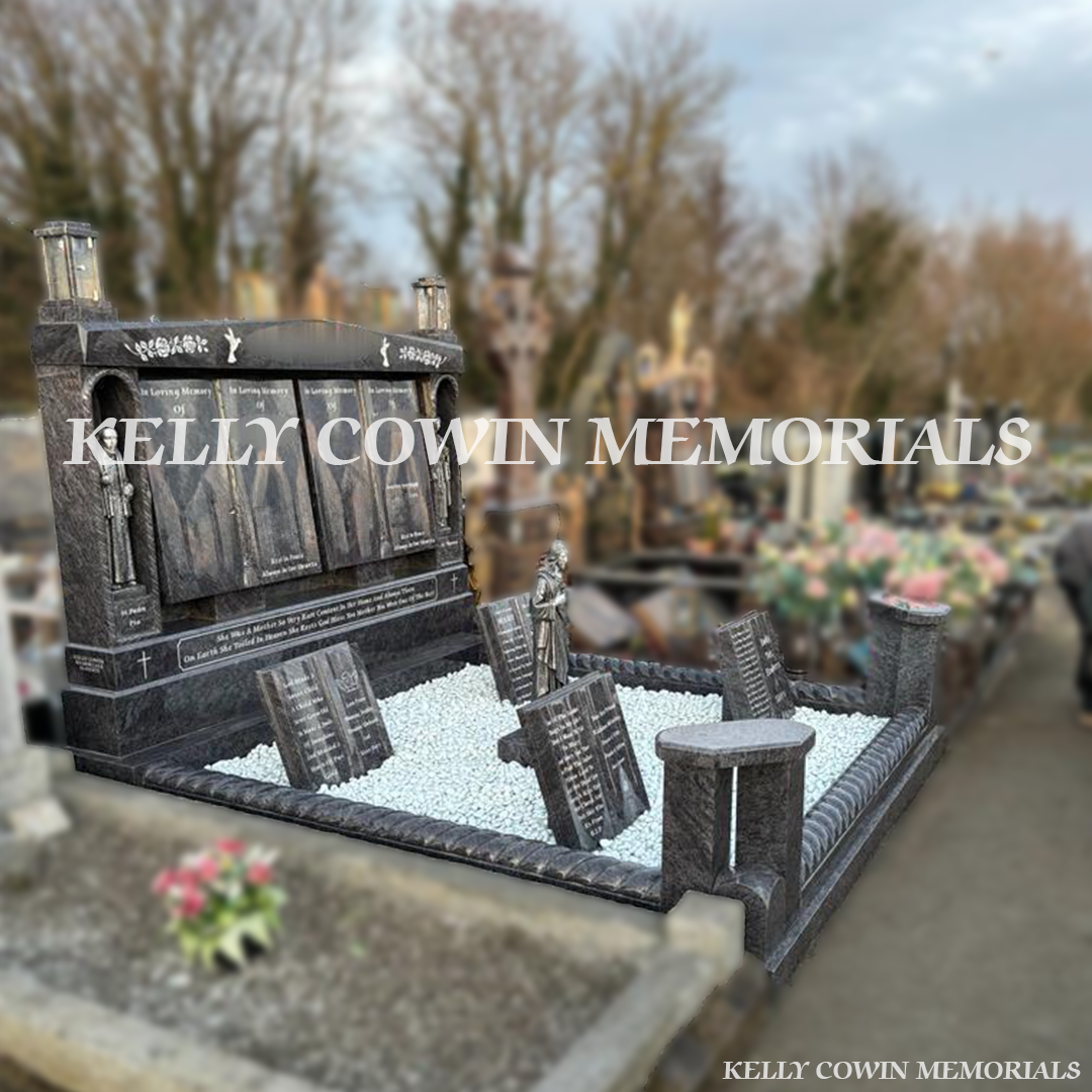 Side view showing roped kerbing, benches, blue chippings and pillar grottos in Fingal Cemetery Dublin
