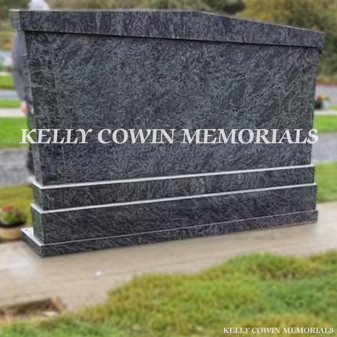 Back view of custom Blue Lagoon double book headstone highlighting Dublin headstone craftsmanship by Kelly Cowin Memorials