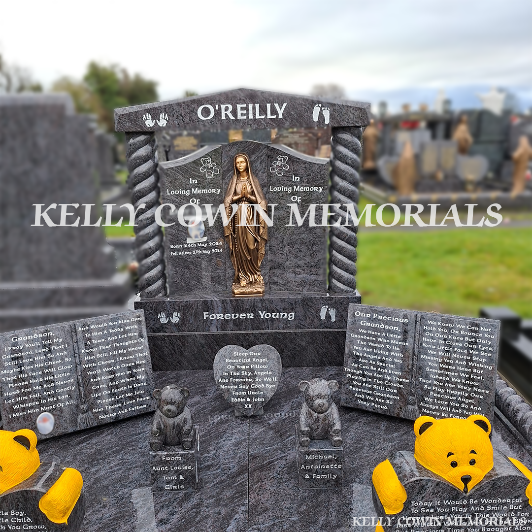 Custom Blue Lagoon Gates of Heaven headstone with twisted pillars and full grave surround, erected in Tipperary by trusted nationwide headstone specialists.