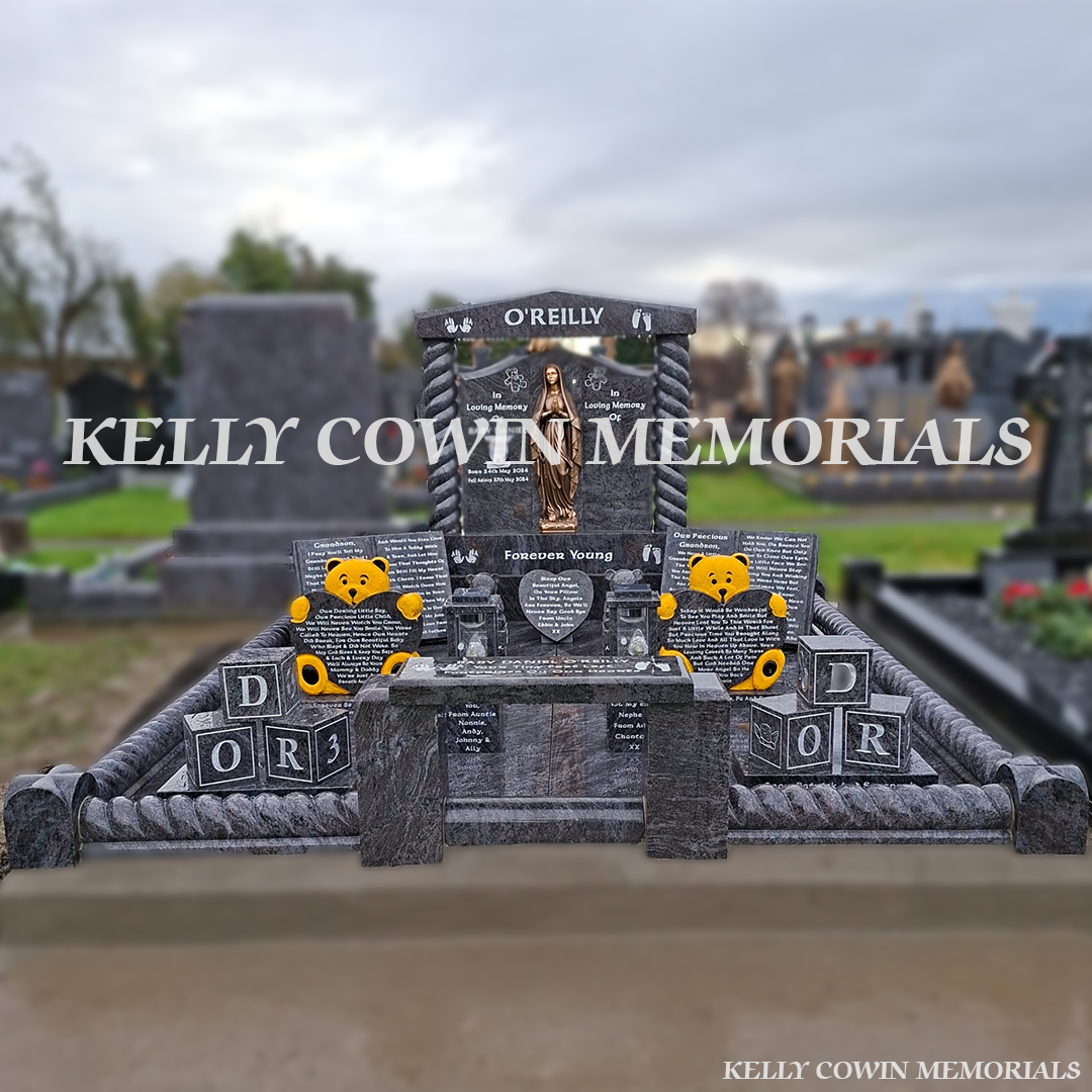 Custom Blue Lagoon Gates of Heaven headstone with twisted pillars and full grave surround, erected in Tipperary by trusted nationwide headstone specialists.