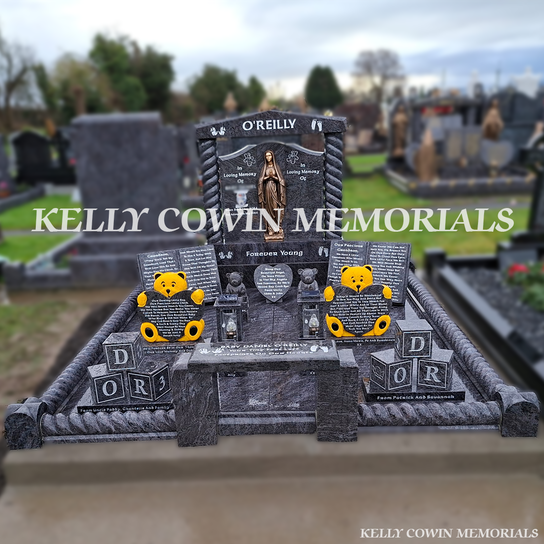Custom Blue Lagoon Gates of Heaven headstone with twisted pillars and full grave surround, erected in Tipperary by trusted nationwide headstone specialists.