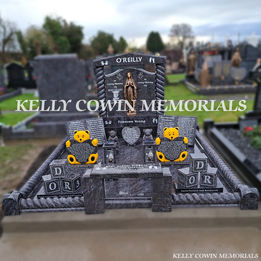 Custom Blue Lagoon Gates of Heaven headstone with twisted pillars and full grave surround, erected in Tipperary by trusted nationwide headstone specialists.
