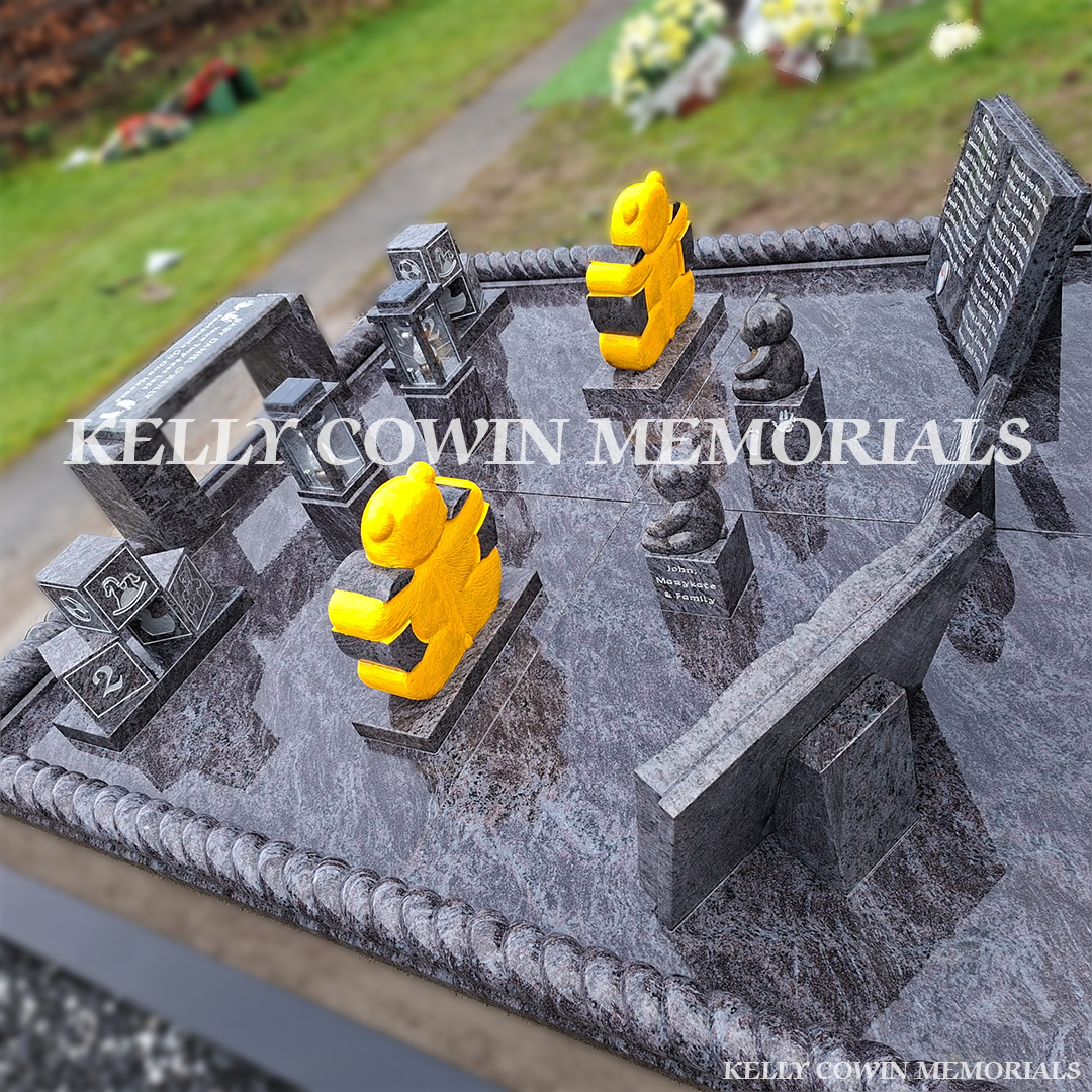 Back view of Blue Lagoon granite Gates of Heaven headstone with full grave surround, granite floor, memorial bench and corner posts in a Tipperary cemetery