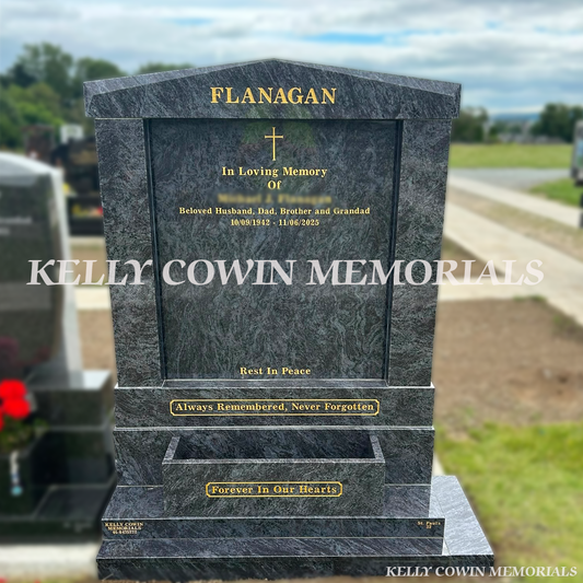 Blue Lagoon custom granite headstone with backing plate, cap, square pillars and gold leaf inscription in Balgriffin Cemetery Dublin